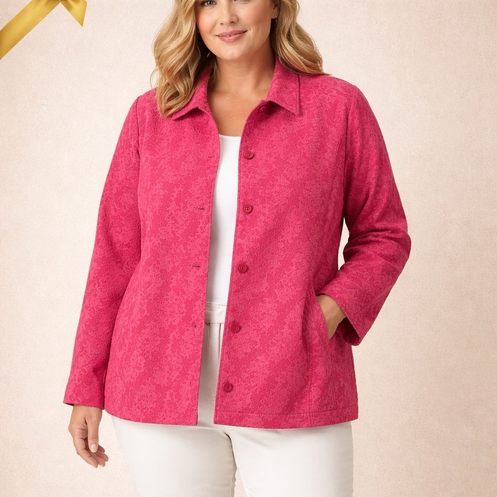 Appleseed’s Pink Floral Jacquard Jacket W/ Inside Pocket – Size 16
